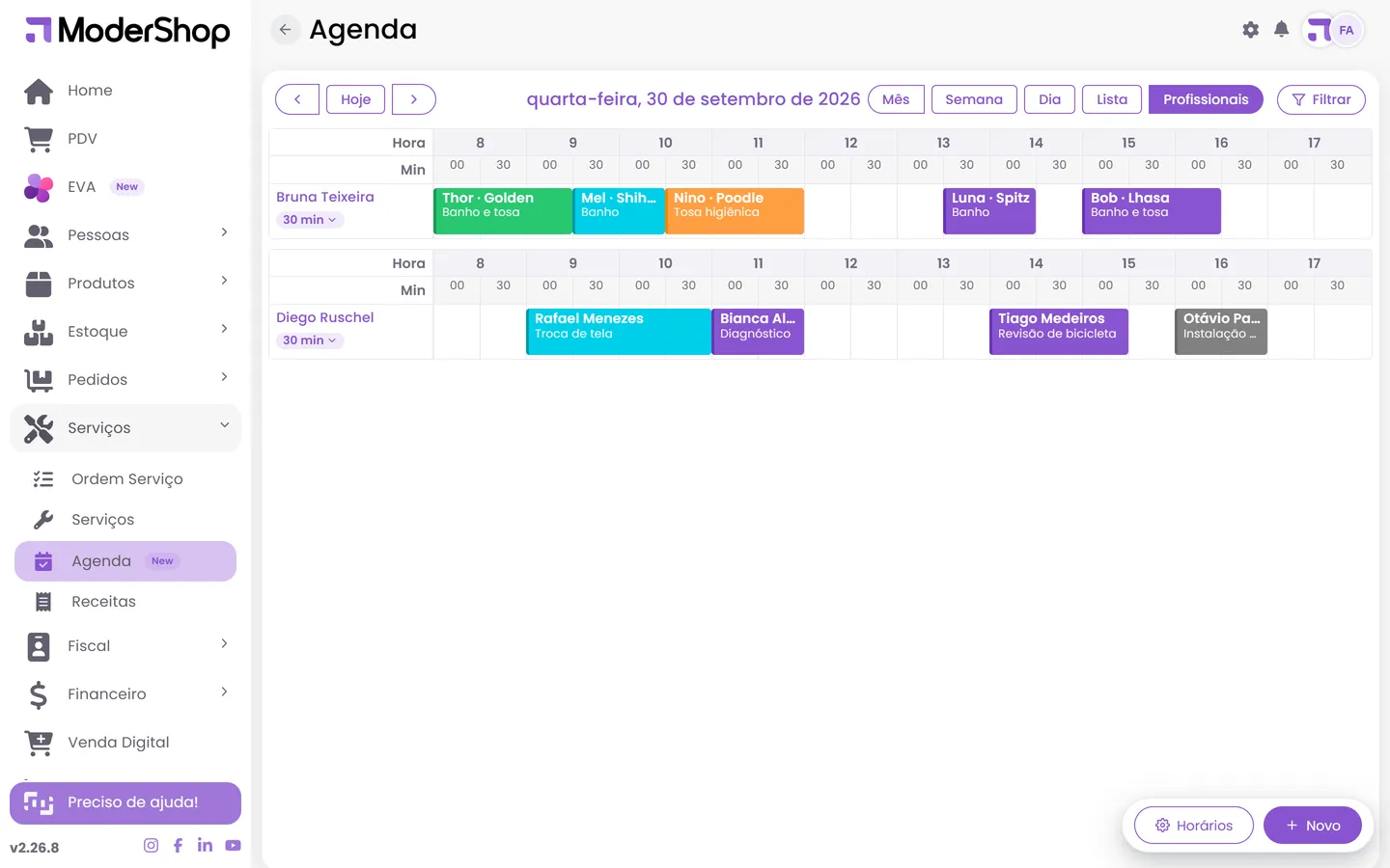 Agenda no ModerShop: O dia de cada profissional, com a situação de cada atendimento.