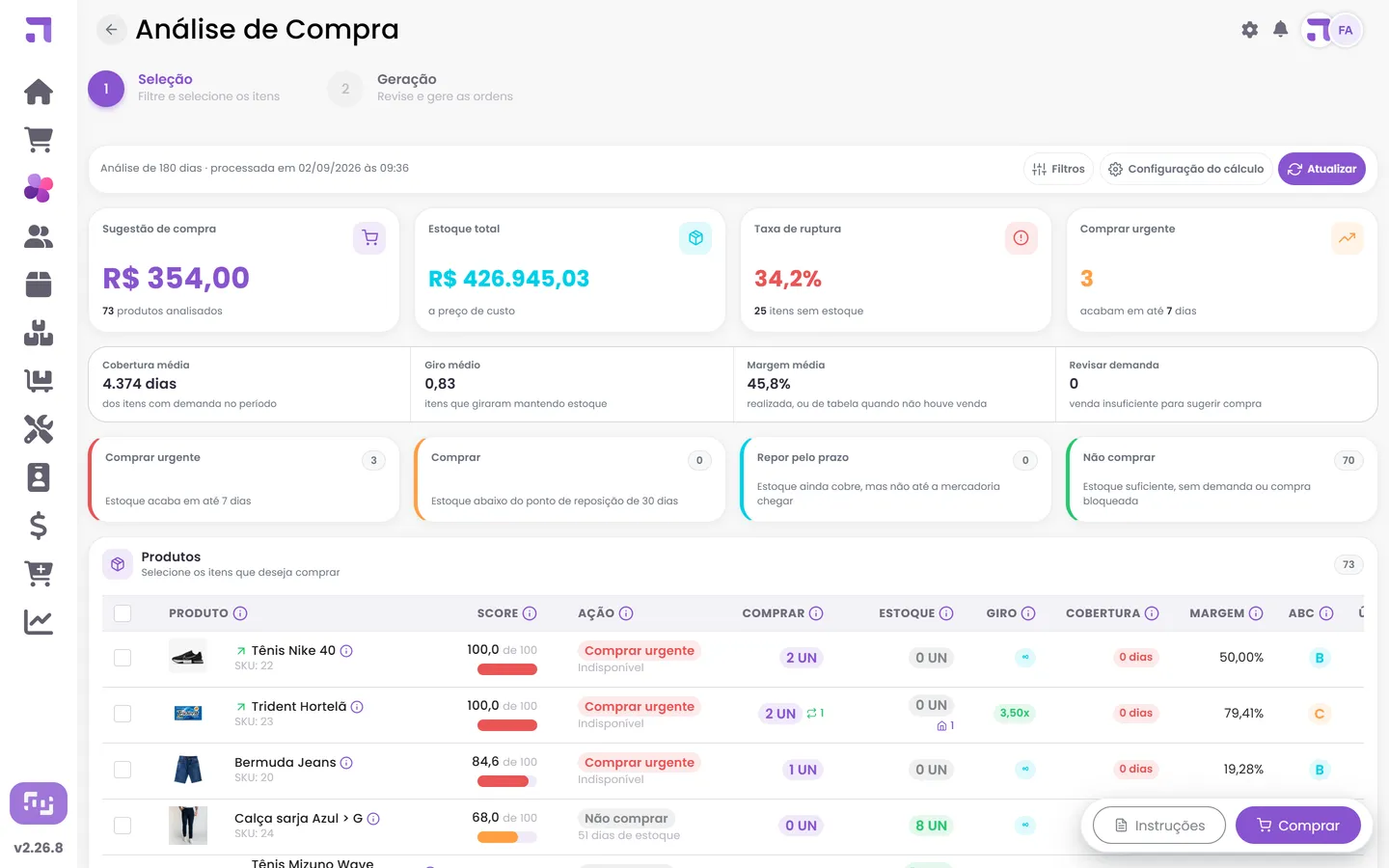 Análise de compra no ModerShop: O que comprar primeiro, com ruptura, giro, cobertura e curva ABC.