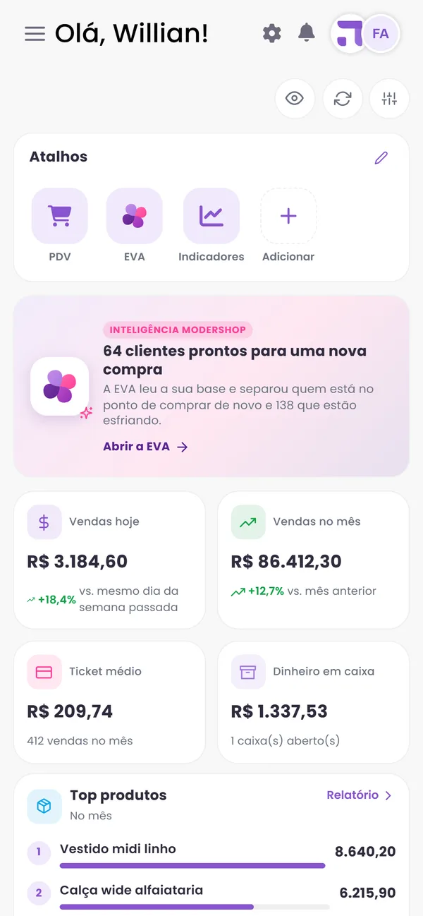 Home no celular: O mesmo sistema no celular: a Home com os números do dia e o PDV vendendo direto do aparelho.