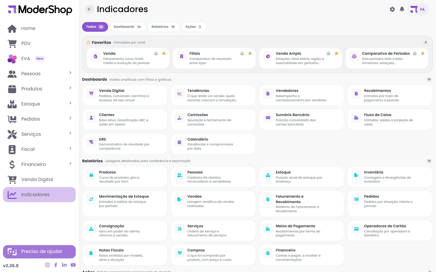 Indicadores no ModerShop: Todos os dashboards, relatórios e painéis de ação num lugar só.