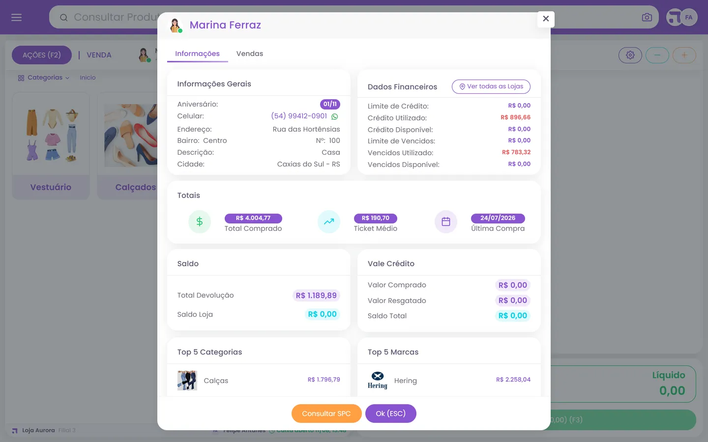 Ficha do cliente no ModerShop: No caixa: aniversário, crédito em aberto, vencidos, total comprado, ticket médio e o que o cliente mais compra.
