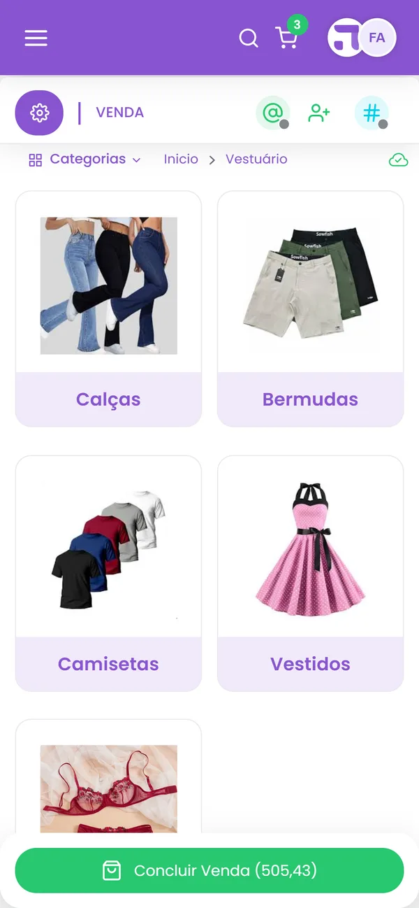 PDV no celular: O mesmo sistema no celular: a Home com os números do dia e o PDV vendendo direto do aparelho.