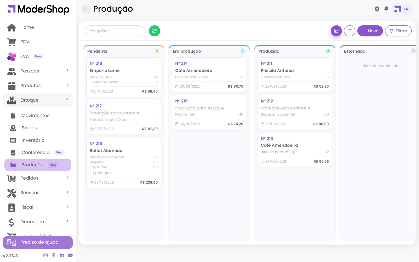 Produção no ModerShop: Ordens pendentes, em produção e produzidas, com previsão e custo.